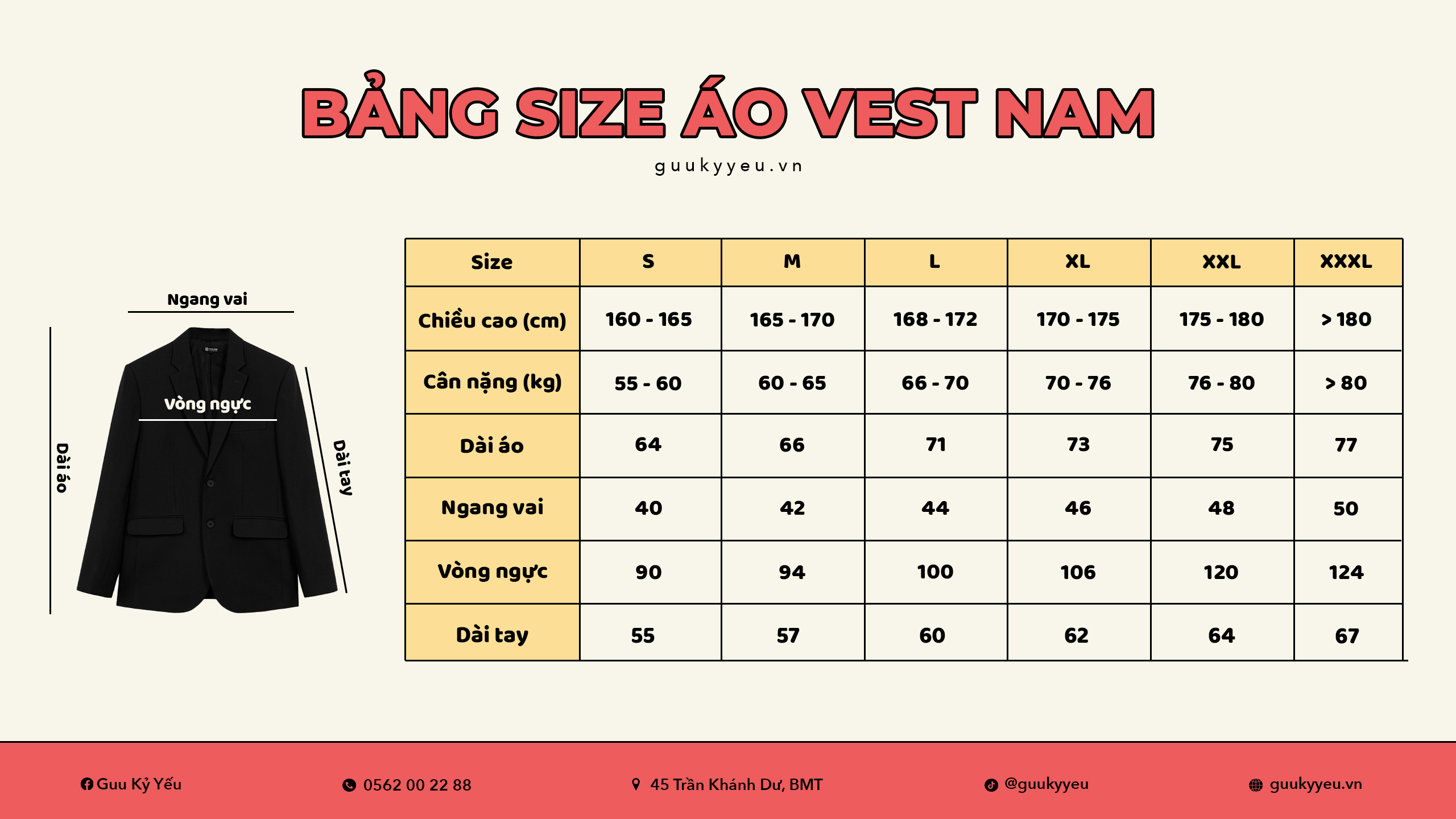 Bảng size áo vest nam kỷ yếu Buôn Ma Thuột - Guu Kỷ Yếu